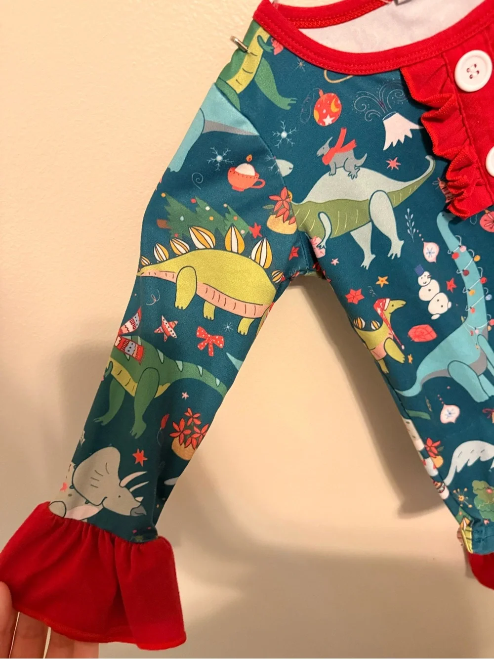 Christmas Dinosaur Outfit 2T | Toddler Girl Ruffle Bell Bottom Holiday Set